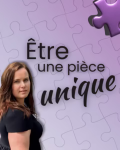 Visuel du podcast Être une pièce unique par Sonia Petrin Poulin, sur fond de casse-tête, avec le titre en noir et une pièce mauve distinctive.